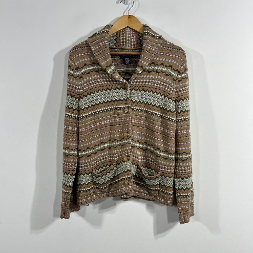 Denim & Co VTG Nordic Brown Fair Isle Shawl Collar Cardigan Sweater Women Medium